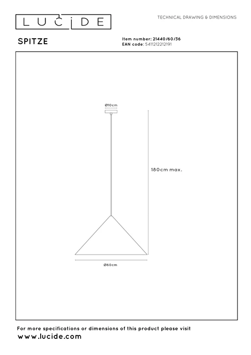 Lucide SPITZE - Suspension - Ø 60 cm - 1xE27 - Gris | Vibes - technique